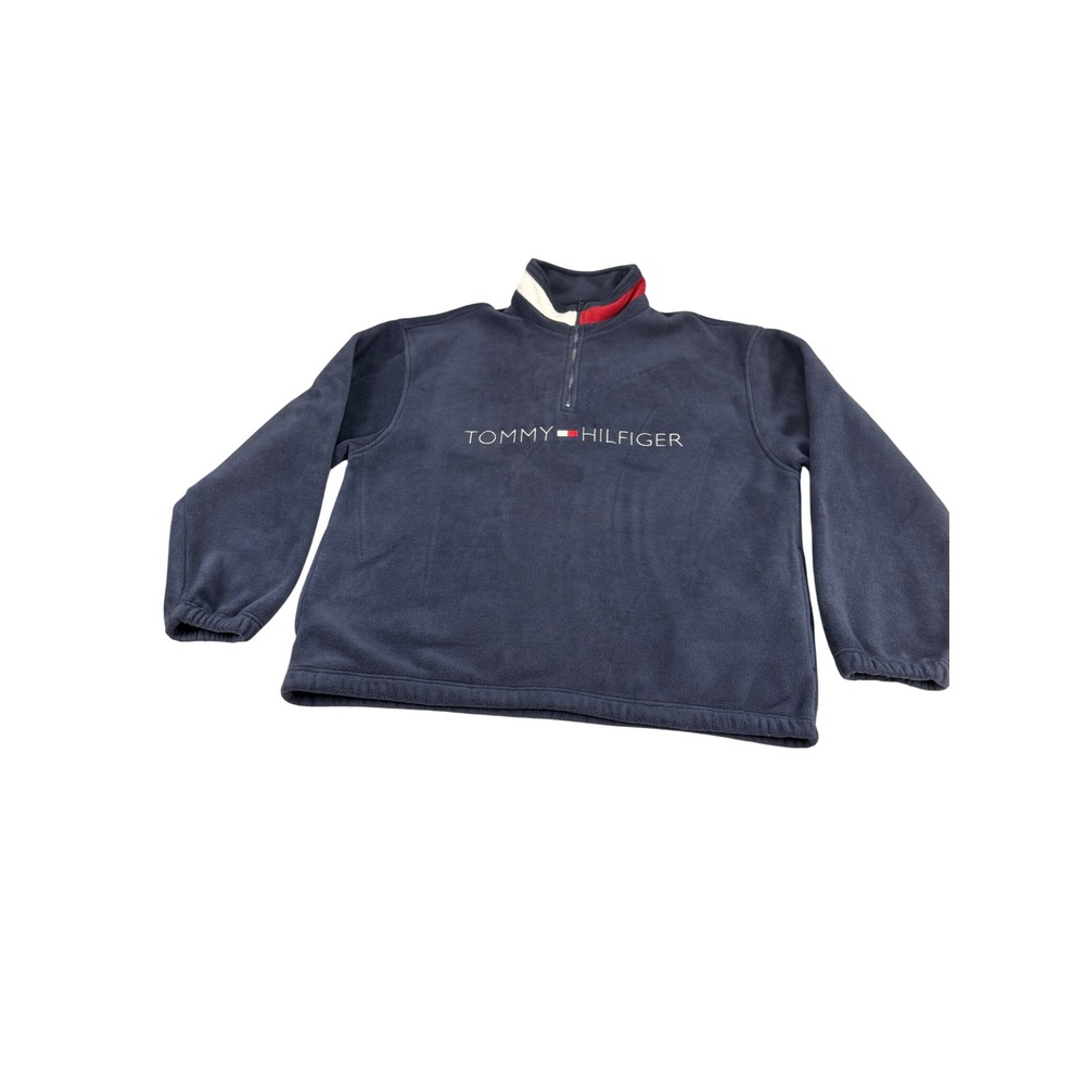 Vintage Tommy Hilfiger Mens Navy Blue Quarter Zip Fleece Pullover Large Fl awed